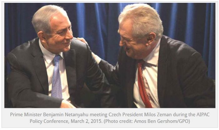 Netanyahu and Zeman during the AIPAC conference in March,2015 (photo-Amos Ben Gershom:GPO