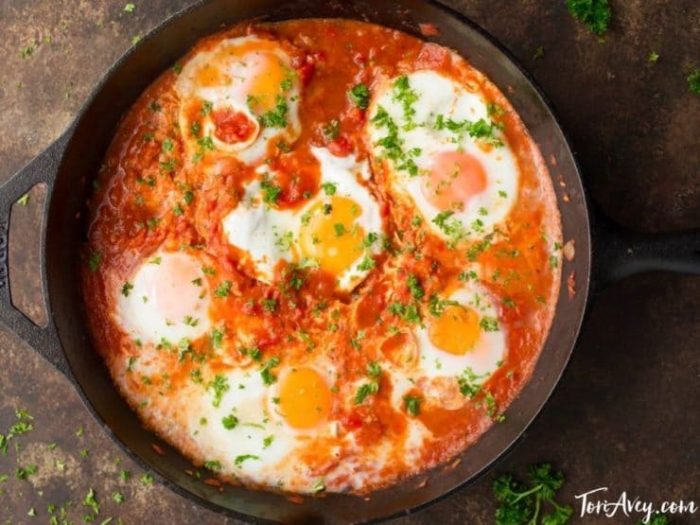 Israeli Shakshuka, a favorite breakfast, lunch, or dinner dish.