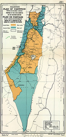 The proposed partition plan: Arab state in gold, Jewish state in blue.