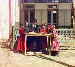 Jewish students with their teacher in Samarkand, c. 1910.