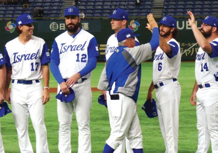 Israel celebrates its 4-1 victory over Cuba in the opening game of the 2017 World Baseball Classic quarterfinals.. (photo credit: MARGO SUGARMAN)