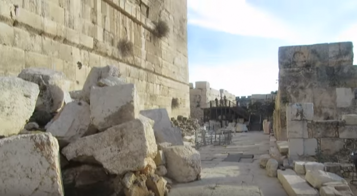Evidence of the reason Jewish people mourn during the Nine Days. Herodian era stones laying on a Herodian era street at the Western Wall of the Temple Mount. 